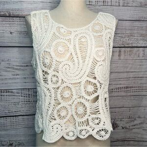 Ultra Pink White Crochet Tank Top Sweater Paisley Knit 100% Cotton Boho